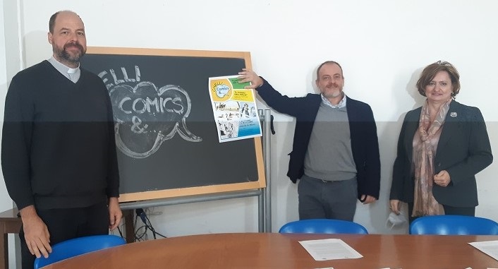 don Pier Mosetti, presidente Fondazione Chelli; Marco Cappuccini, fumettista e docente; Paola Biondo, preside delle scuole Chelli
