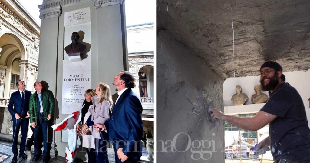 Il sindaco Sala scopre il busto di Formentini (foto Comune di Milano), a destra Alessandro Conti