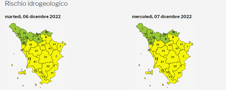 La Regione Toscana, con le zone sulle quali vige il codice giallo