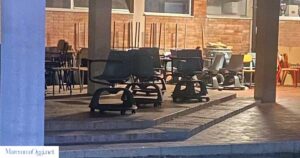 I banchi a rotelle inutilizzati nel cortile della scuola