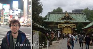 Antonio Briganti in Giappone a Tokio, a destra il Santuario di Ueno Toshogu