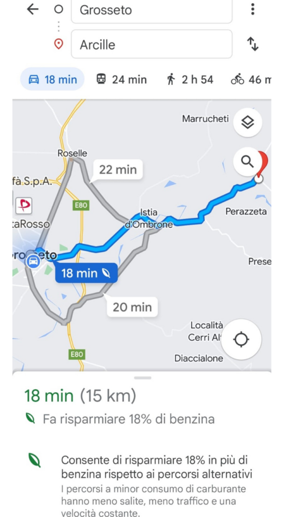 La schermata di google maps con il risparmio di carburante