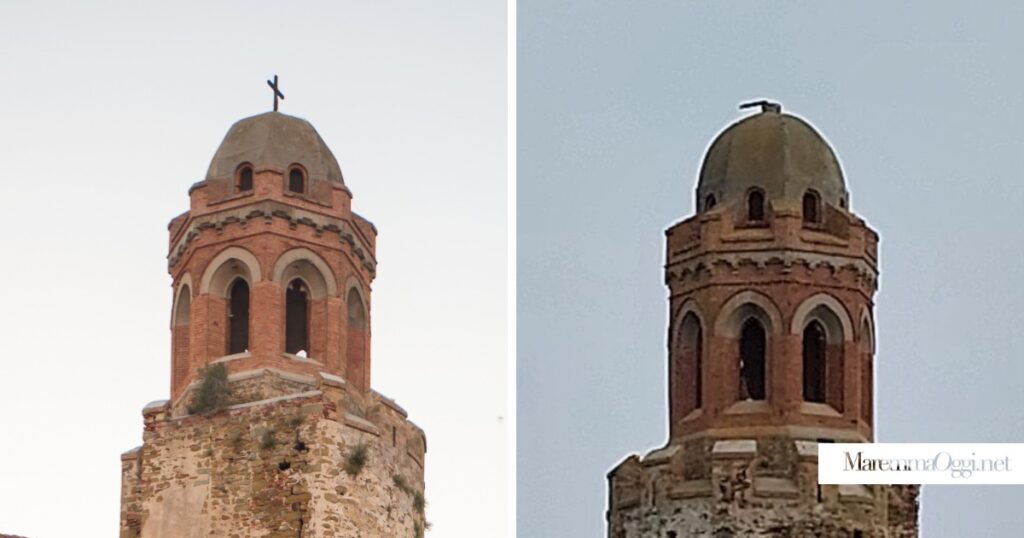 Il campanile della chiesa con e senza la croce