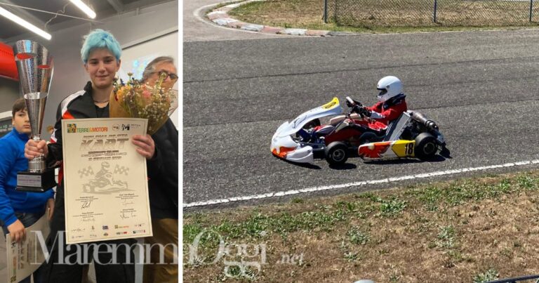 Sveva Pisani con i premi e sul kart