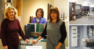 Rosalba, Luana e Isabella Greco, a destra alcuni dei prodotti disponibili a Edilcommercio