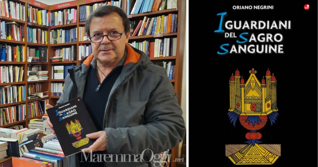 Oriani Negrini dentro la libreria, con il suo libro "I guardiani del sacro sanguine" di Montieri