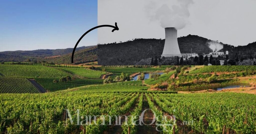 Nel fotomontaggio, una centrale geotermica fra i vigneti del Morellino