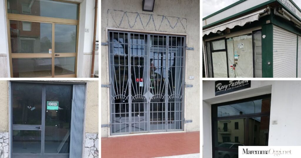 Alcune delle attività chiuse a Ribolla, una serie di negozi con serrande abbassate e cartelli "vendesi"