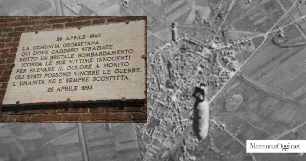Le bombe che cadono su Grosseto e la lapide che ricorda le vittime, in piazza Esperanto