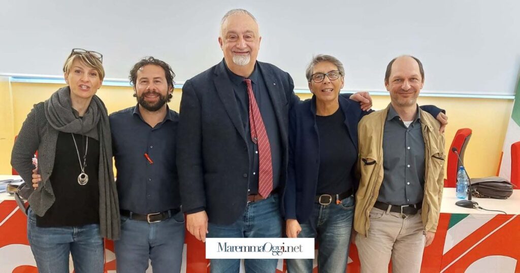 La nuova segreteria della Cgil: da sinistra Eleonora Bucci, Cristoforo Russo, il segretario regionale Rossano Rossi, Monica Pagni e Riccardo Tosi
