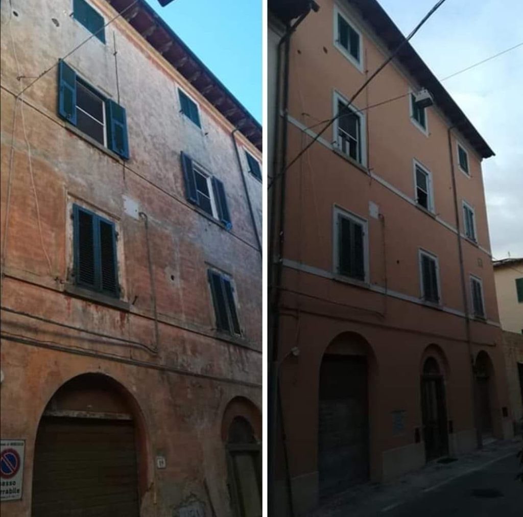 La facciata di un palazzo prima (a sinistra) e dopo (a destra) l'intervento di ad costruzioni e restauri