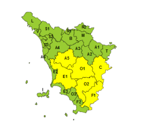 La cartina della Toscana con le zone in codice giallo