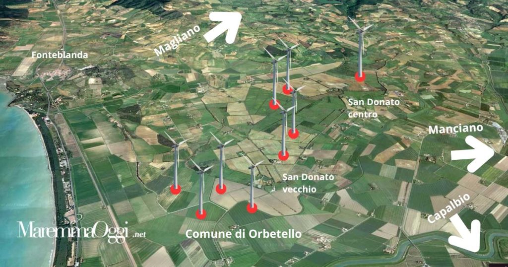 L'area di 7 kmq dove dovrebbe venire il parco eolico nel territorio di Orbetello e i Comuni confinanti