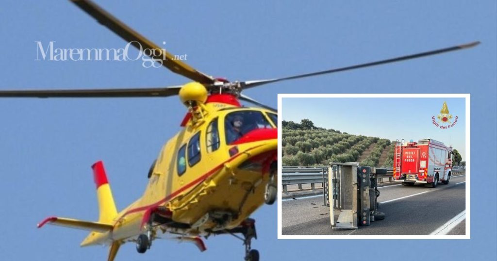 L'elicottero Pegaso e il furgone ribaltato a Grosseto Sud