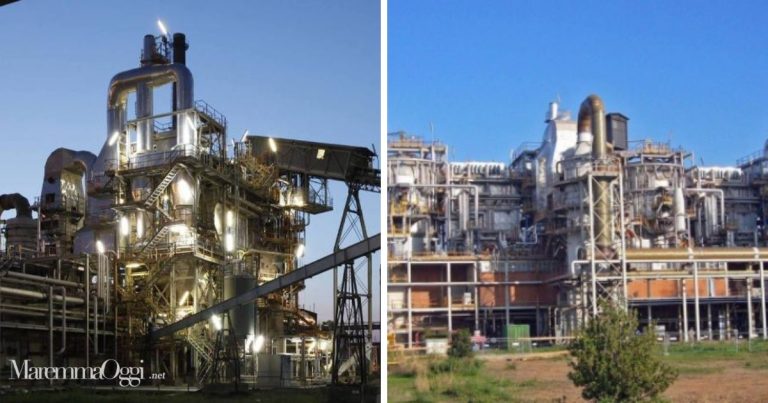 Due immagini dell'inceneritore di Scarlino che sarà demolito