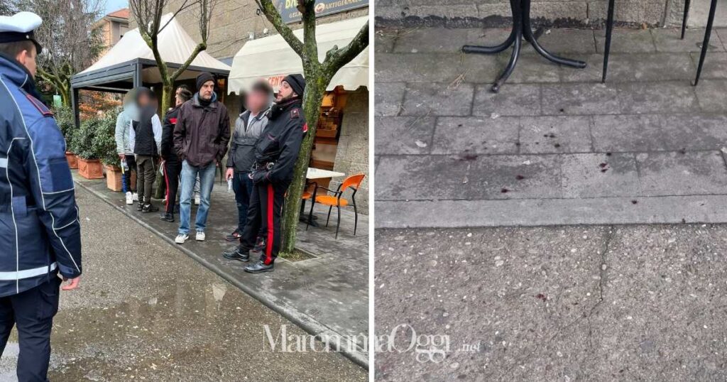 Rissa davanti a un bar ad Arcidosso: municipale e carabinieri parlano con i testimoni. A destra le tracce di sangue a terra
