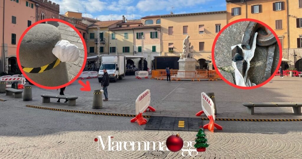 Piazza Dante allestita per la festa di Capodanno, nei dettagli uno dei piloncini dopo il taglio delle catene e una catena segata
