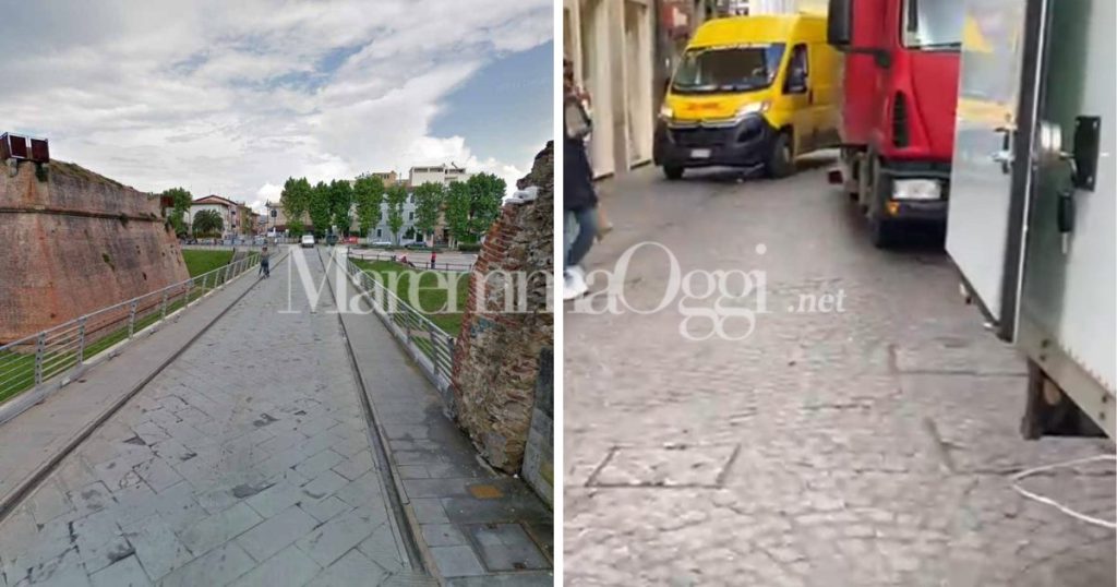 A sinistra la passerella di via Amiata dove sarà messa la telecamera in uscita dalla Ztl, a destra traffico di furgoni dei corrieri in corso Carducci un giovedì alle 12,30