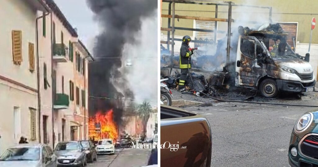 Brucia furgone: le fiamme alte e i vigili del fuoco che hanno spento l'incendio