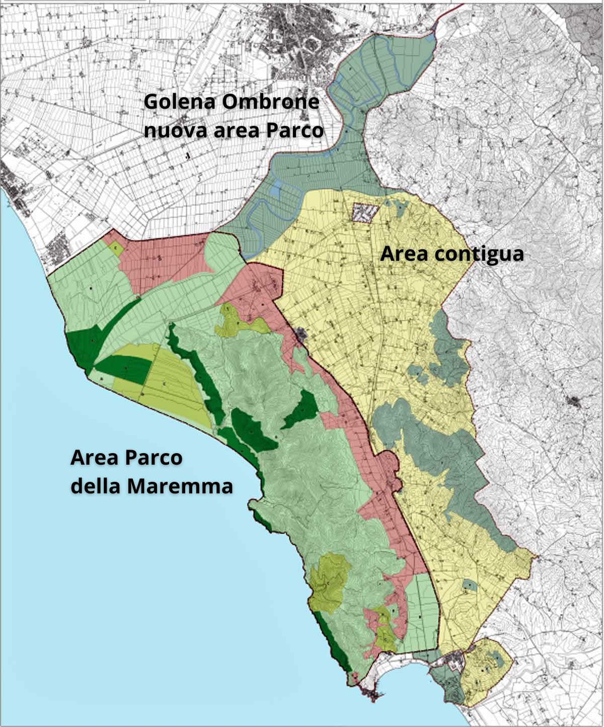 La mappa del Parco della Maremma, con le zone. In alto, in verde, la golena che diventerà Parco