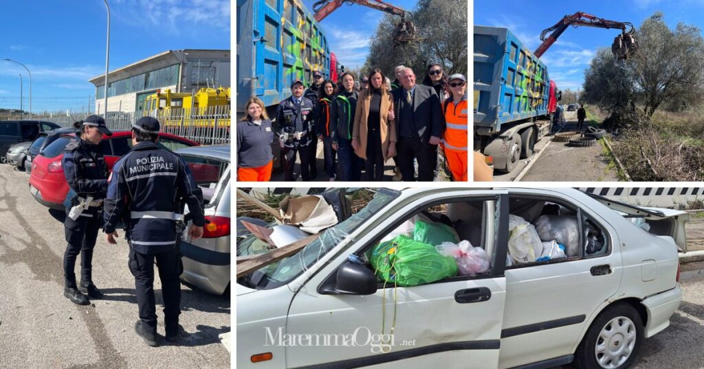 Un auto abbandonata e piena di rifiuti, i controlli delle auto abbandonate e le operazioni di rimozione dei rifiuti in via Giordania