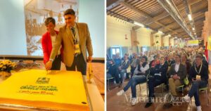 Confesercenti: Milena Sanna e Simone Castelli tagliano la torta, a destra i 500 agricoltori in sala ad Alberese
