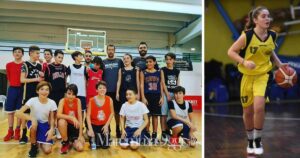 Anna Zucchini con la maglia del Basket Golfo Piombino e, a sinistra, con coach Luca Banchi, ora alla Virtus Bologna