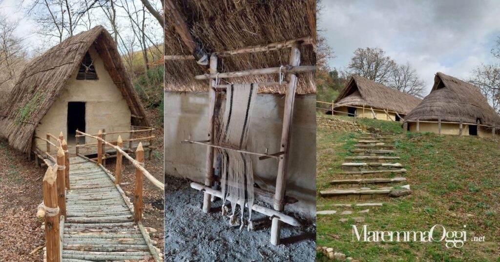 La casa sulla palafitta, la riproduzione di un antico telaio e le due capanne dell'età del bronzo