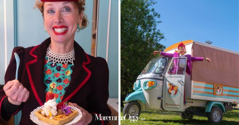 Gianna tutta panna con una sua creazione e sull'Ape durante il lockdown