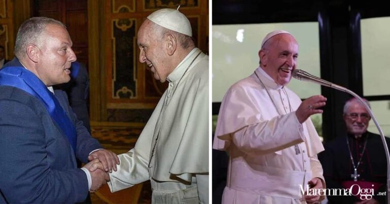 Antonfrancesco Vivarelli Colonna con Papa Francesco. A destra un momento della visita a Nomadelfia, nel maggio 2018