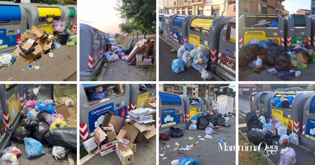 Otto foto di altrettante zone di Grosseto con i rifiuti fuori dai cassonetti