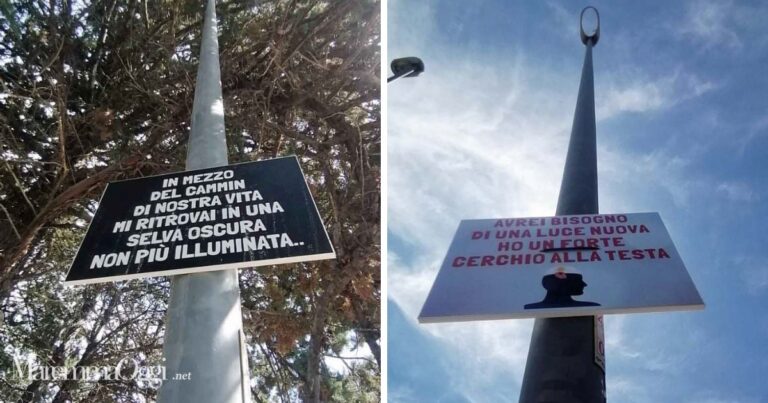 Due dei tre cartelli attaccati sui lampioni a Casalecci
