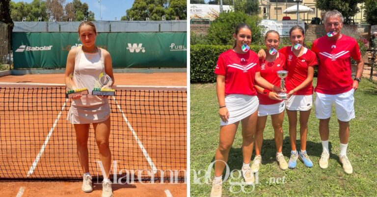 A sinistra Anna Nerelli a Marsa, in Tunisia. A destra la squadra Under 16 che ha vinto il titolo toscano a squadre