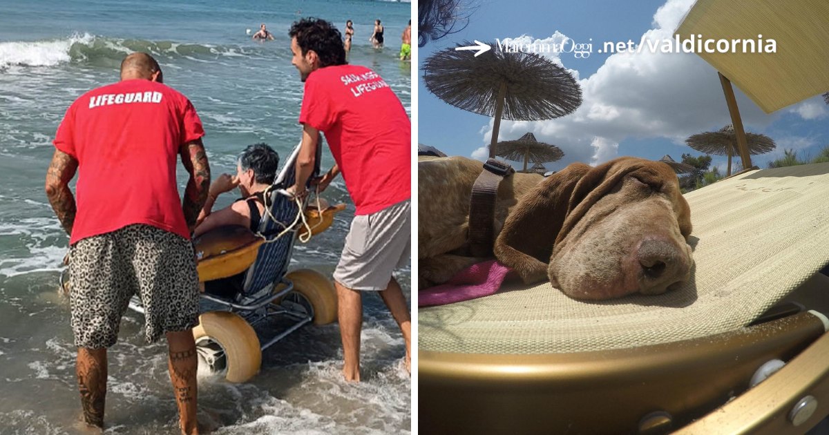 A sinistra un disabile fa il bagno a La Capannina, a destra un cane al bagno Pascià