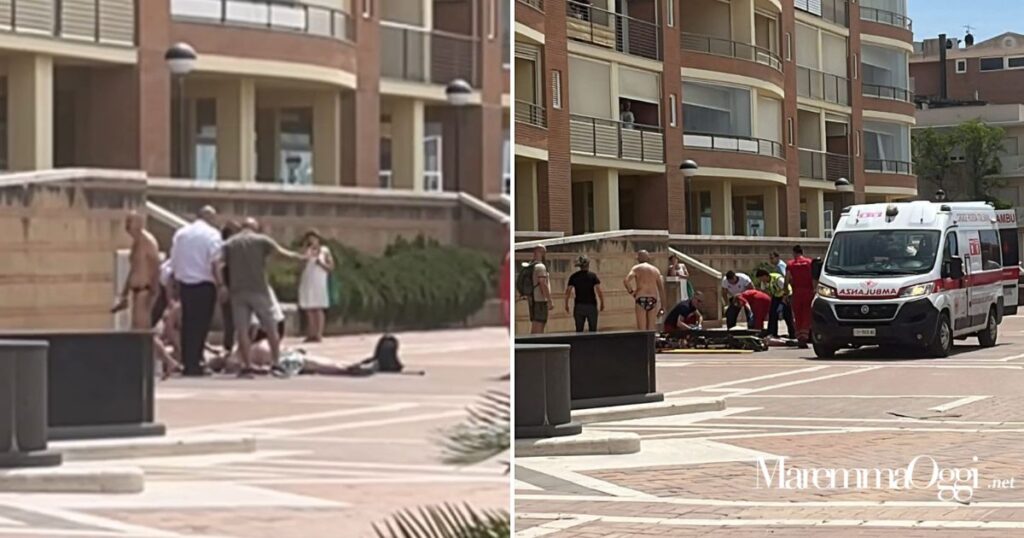 Un momento del massaggio cardiaco dei passanti e l'arrivo della Croce Rossa