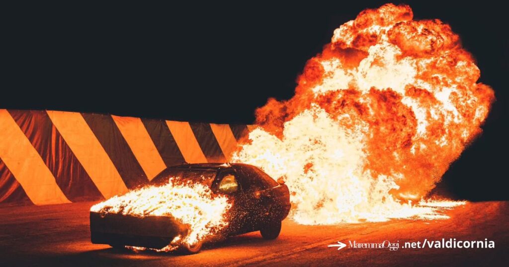 Un momento dell'esibizione con il fuoco
