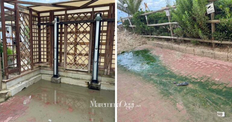 Due immagini delle docce con gli scarichi a perdere al bordo della spiaggia