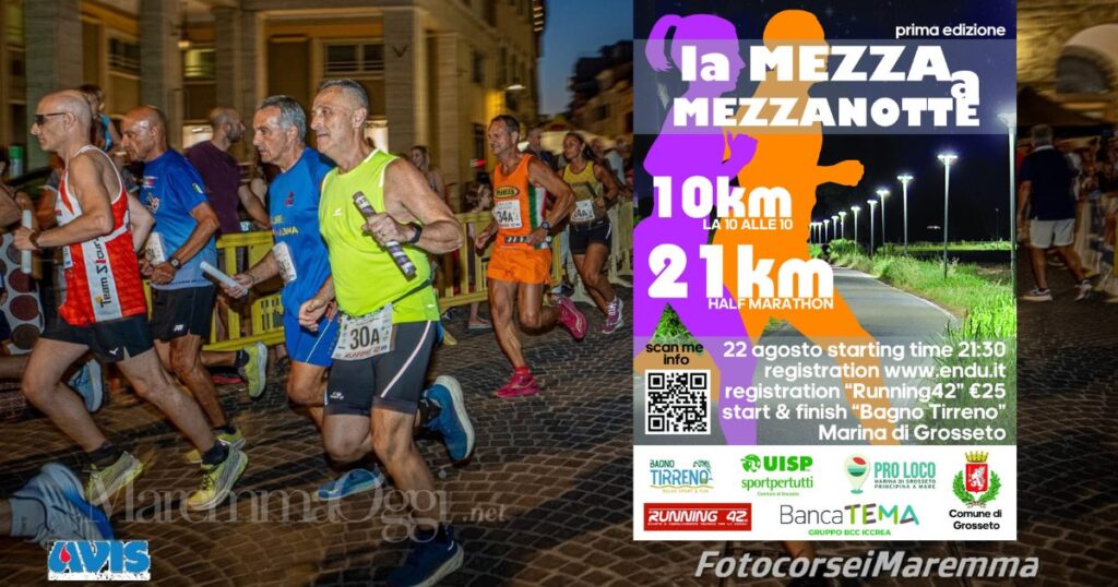 Una maratona in città a Grosseto e la locandina della Mezza a mezzanotte