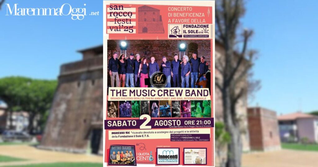 La locandina dell'evento per la Fondazione il Sole e nello sfondo il forte San Rocco