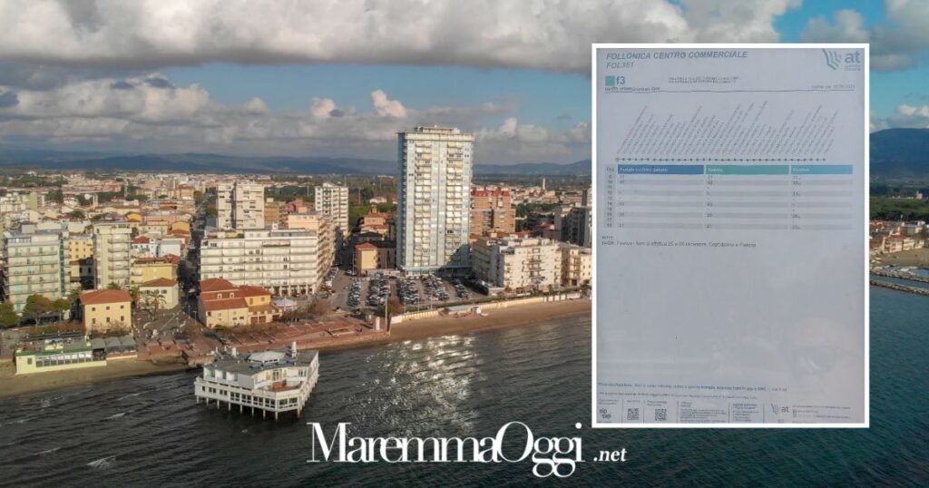 Una foto di Follonica e nel riquadro gli orari del bus sbagliati