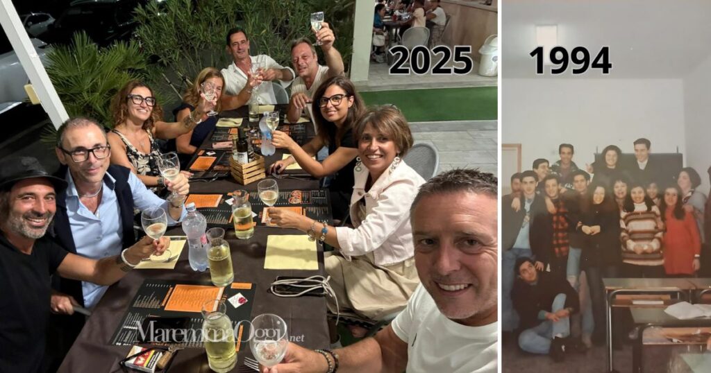 La classe 5B amministrativo Itc del Fossombroni a cena e in una foto del 1994