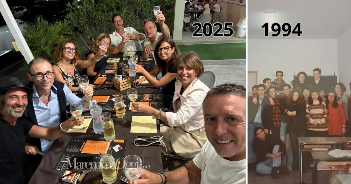 La classe 5B amministrativo Itc del Fossombroni a cena e in una foto del 1994