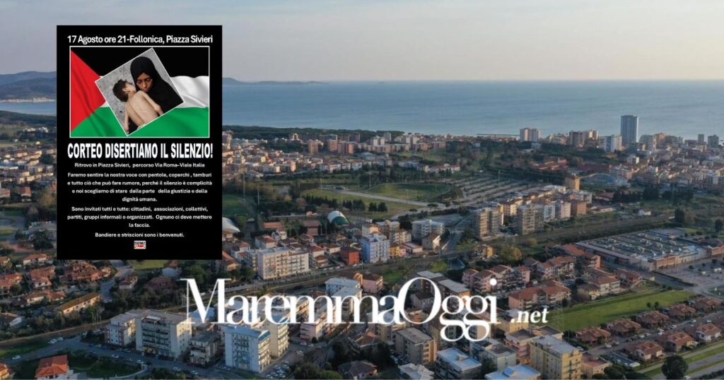Sullo sfondo una Veduta di Follonica e la locandina della manifestazione per la Palestina