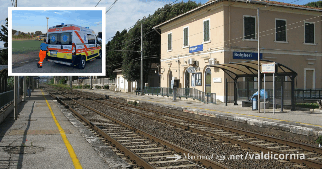 La stazione di Bolgheri, nel riquadro un'immagine di un'ambulanza della Misericordia e l'elisoccorso Pegaso