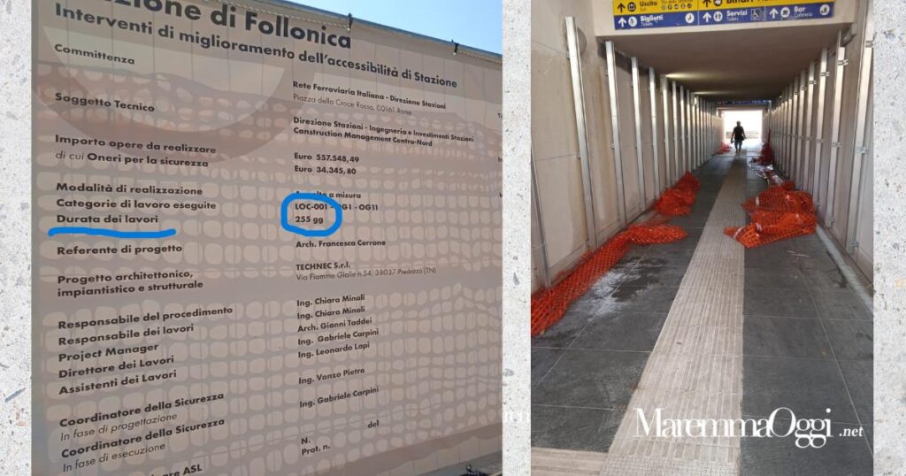 Il cartellone con la data di fine lavori e il sottopasso della stazione ferroviaria