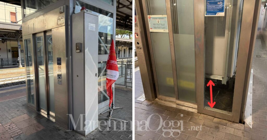 La bandiera rossa che indica l'ascensore fuori servizio alla stazione e lo stesso bloccato