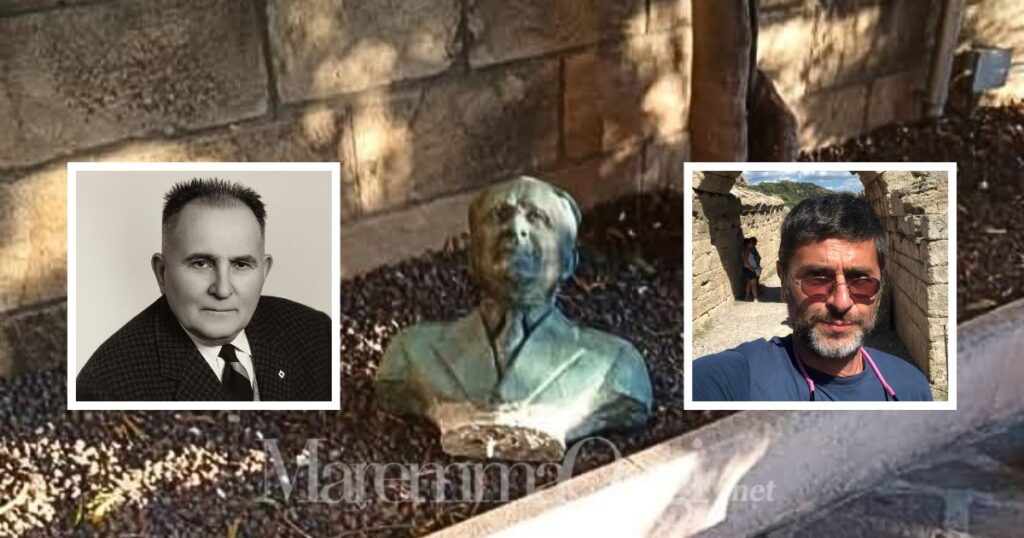 Il busto vandalizzato, a sinistra Primo Wongher, primo sindaco del dopoguerra all'Argentario, a destra il nipote Primo Micarelli