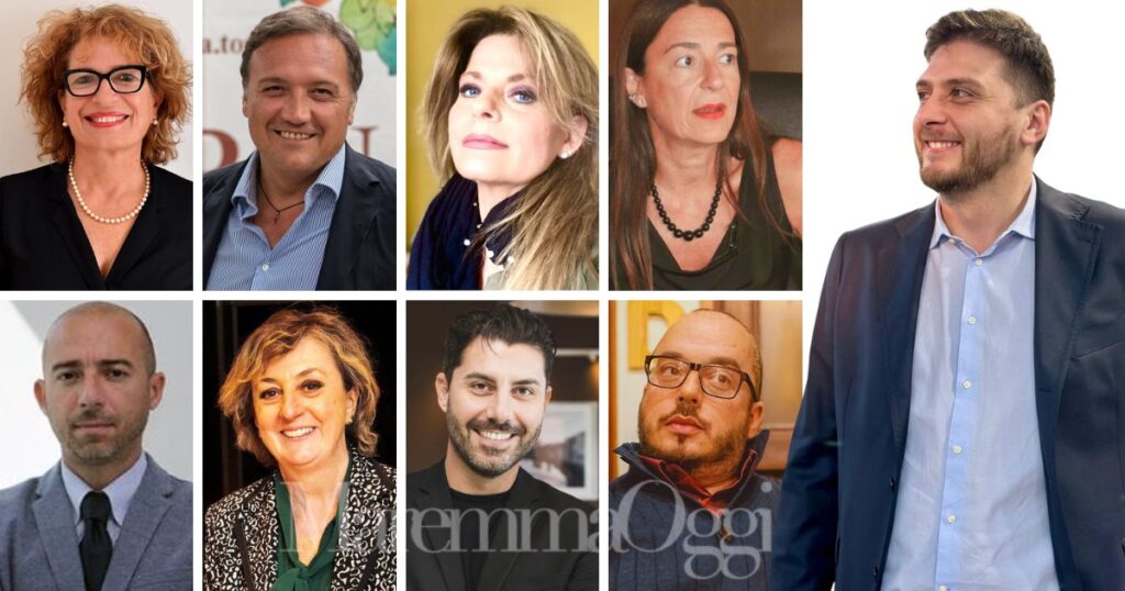 Gli otto nomi usciti dalla direzione del Pd del 30 agosto: sopra Susanna Lorenzini e Leonardo Marras (Boccaccini), Lucia Tosini e Francesca Carnicelli (Schlein), sotto Alessio Scheggi, Lidia Bai, Alessandro Ragusa e Matteo Cerignola (Schlein), a destra il segretario provinciale Giacomo Termine