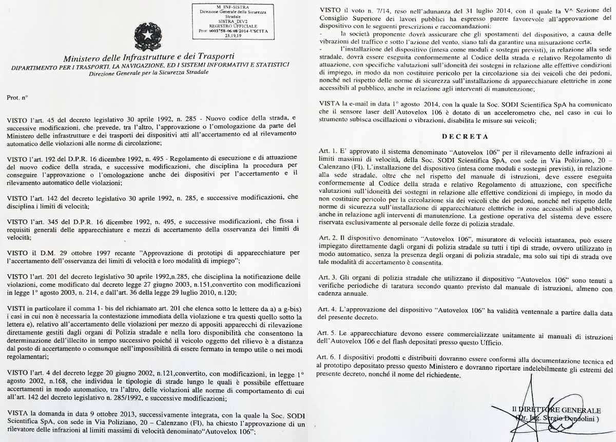La circolare del 2014 pubblicata da Pesucci con il quale viene approvato l'autovelox prodotto dalla Sodi di Calenzano