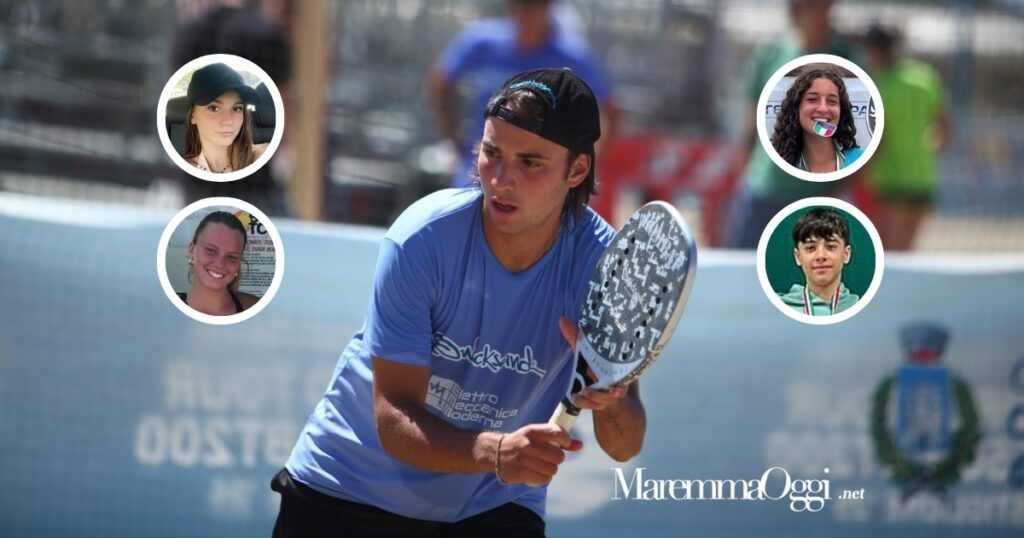 Gabriele Gini si lega ancora al marchio grossetano Quicksand. E sono 5, con lui, i maremmani agli Europei di Creta. Nei cerchi a sinistra Alice Pepi e Elena Ciacci. A destra Eleonora Lanna e Riccardo Lattanzi